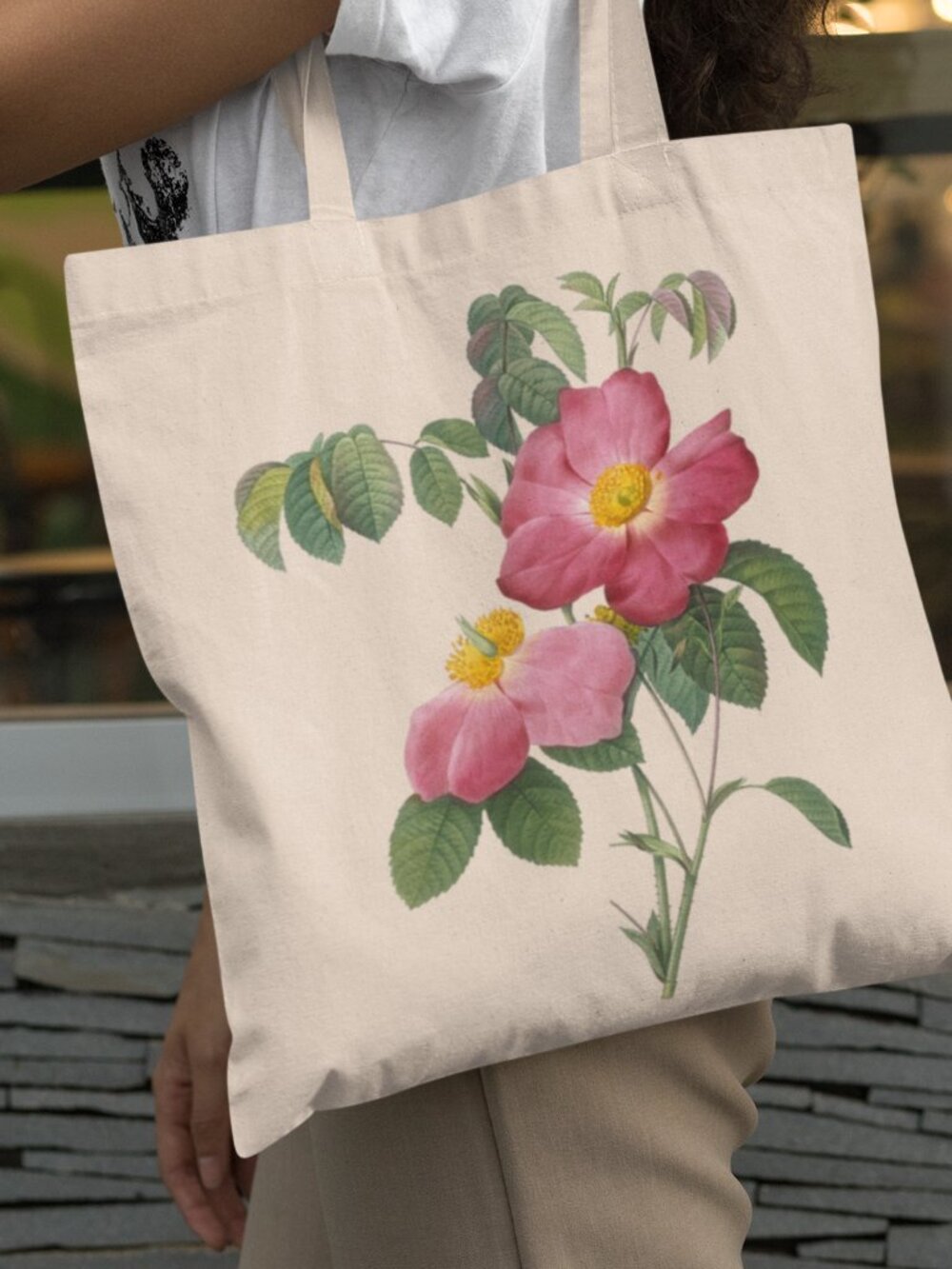 French Rose Vintage Floral Print Graphic Canvas Tote Bag